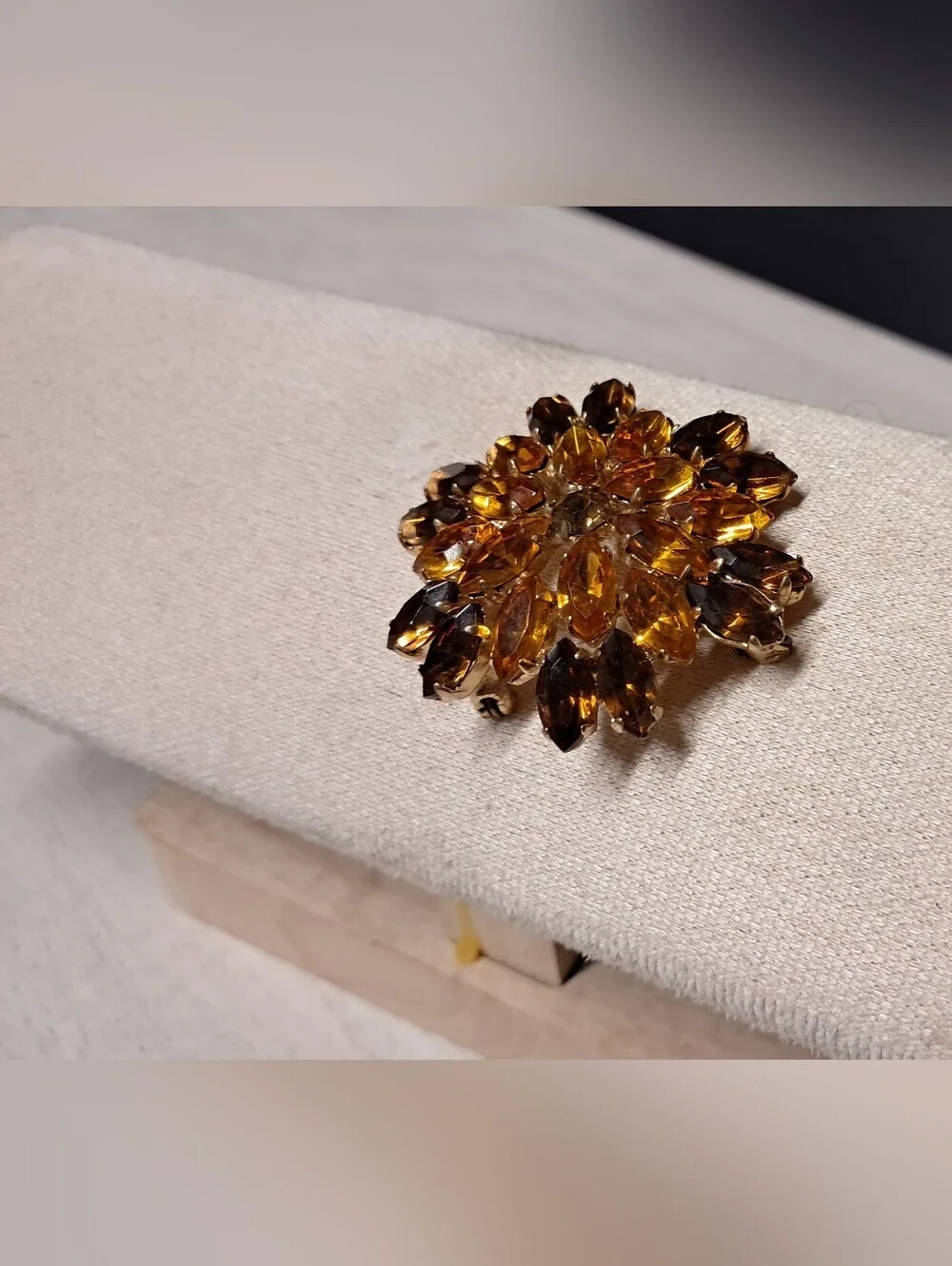 Vintage Gold-Tone Amber Crystal Floral Brooch